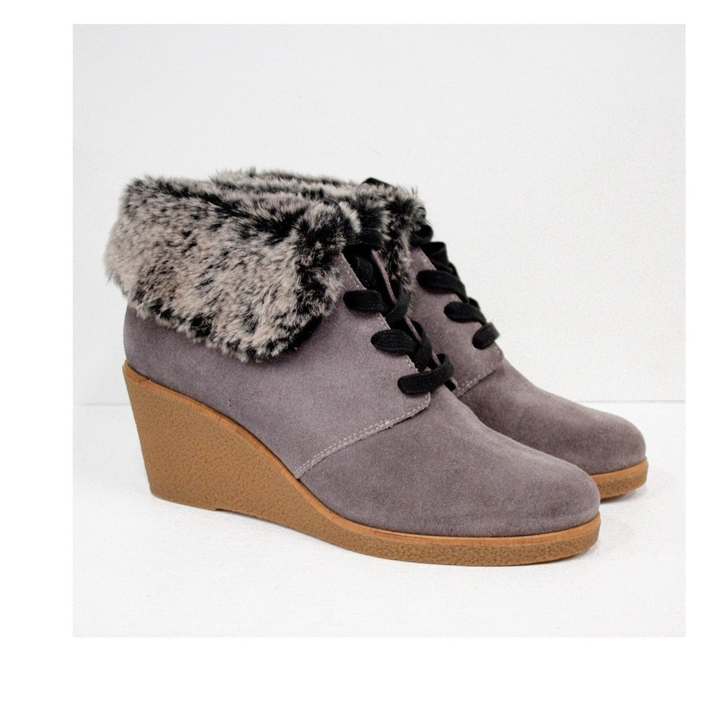 EUC Cole Haan Coralie Waterproof Wedge Bootie. Grey. Faux Fur. Size 9 /9B - Picture 2 of 12